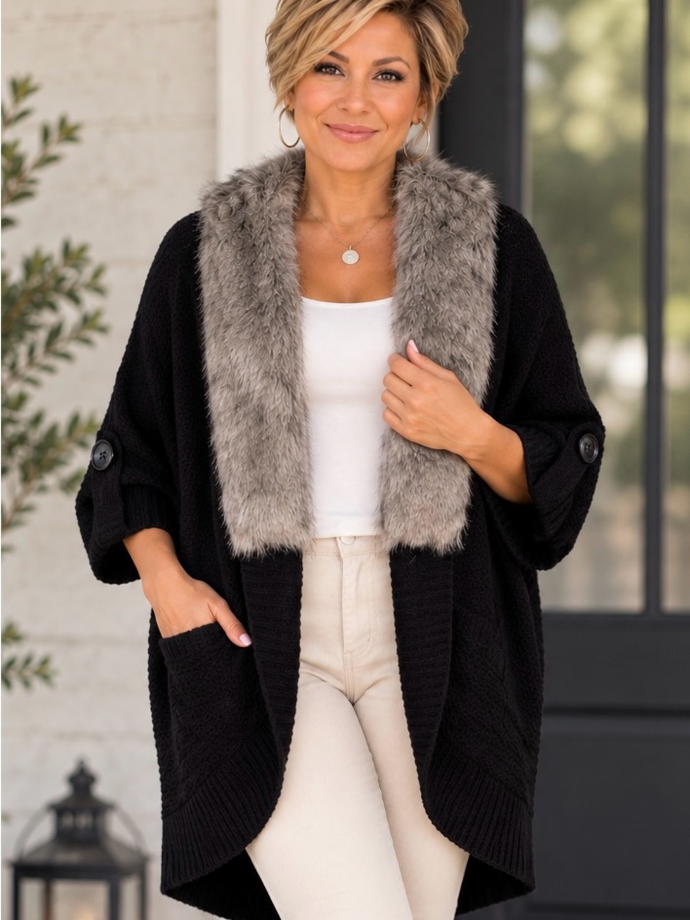 BCBGMaxAzria Black Open-Front Cardigan Size XL Black w/ Gray Faux Fur Trim